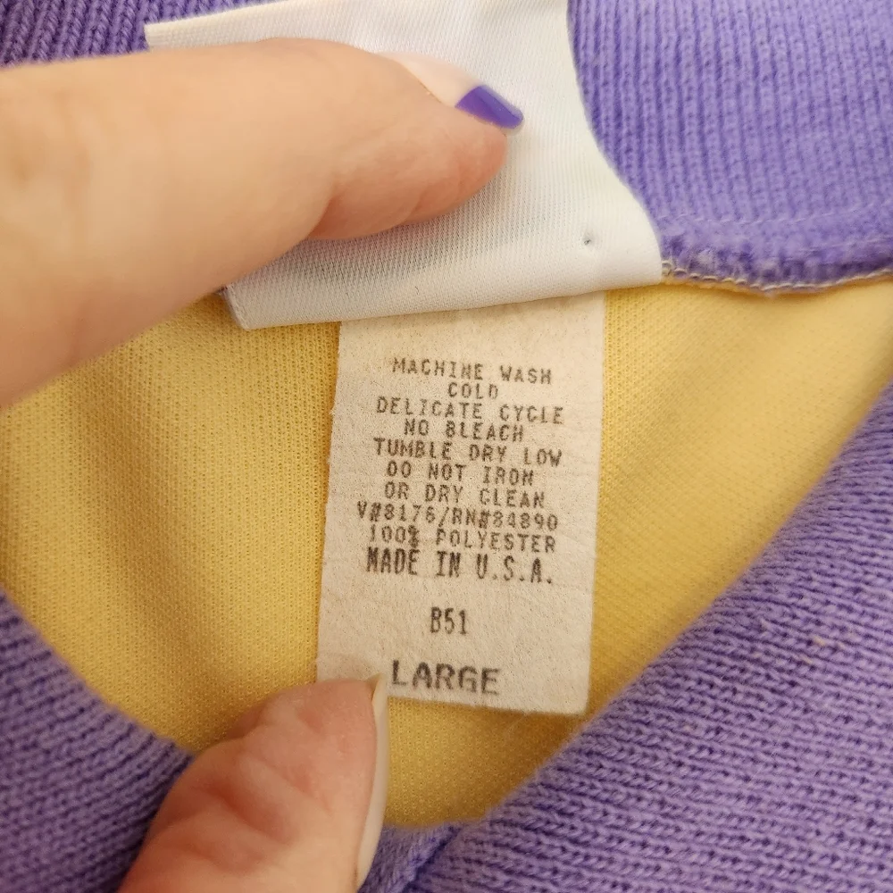 Vintage Haband For Her 80s 90 Granny Yellow Top Purple Collar Short Sleeve Large - Picture 12 of 17